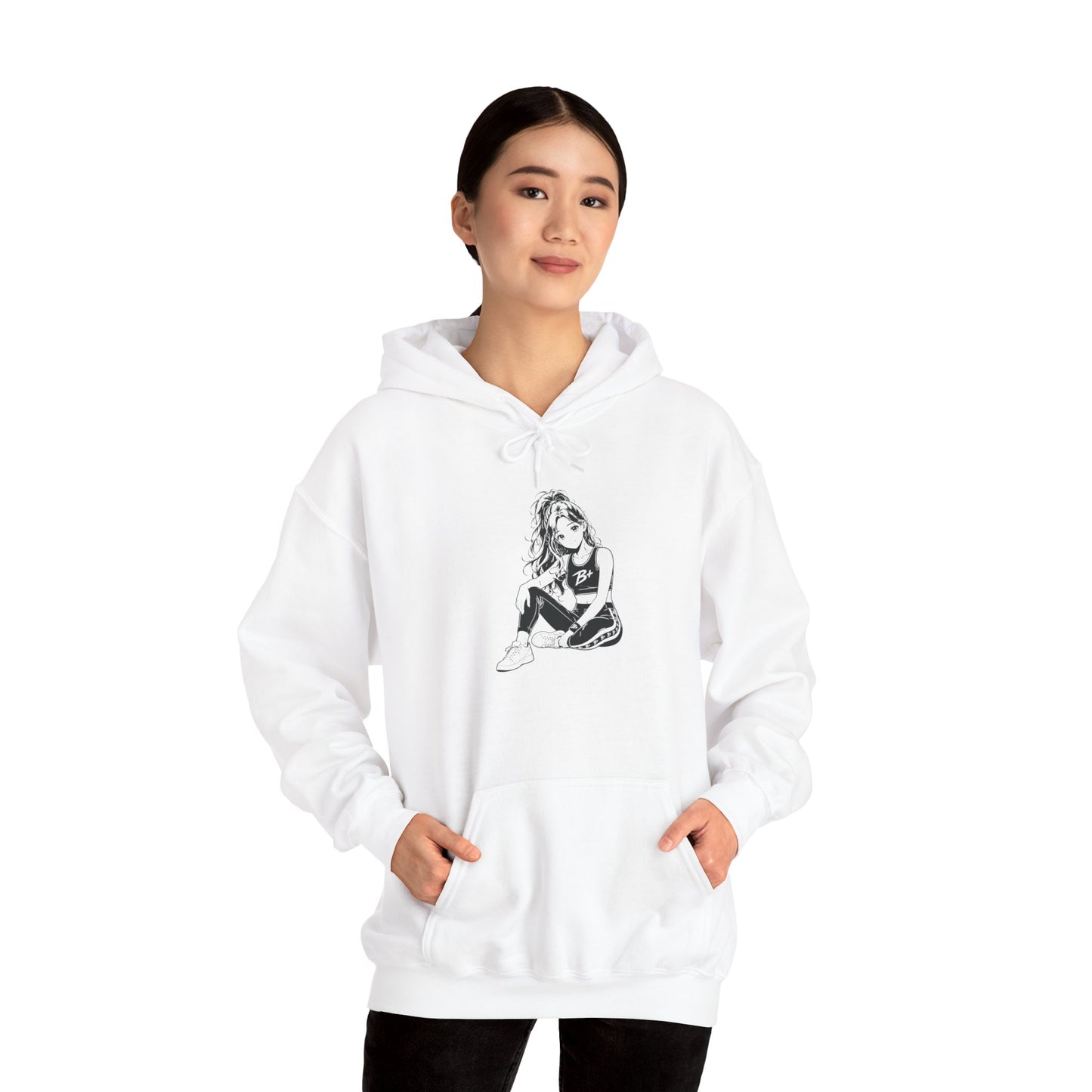 Hoodie — Minimal Black & White Sitting Girl Graphic Pullover