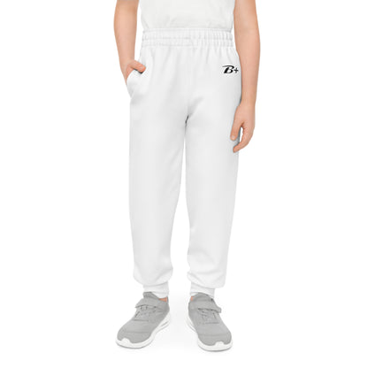 Youth White Joggers with Small "B+" Logo — Cozy Athletic Sweatpants for Kids
