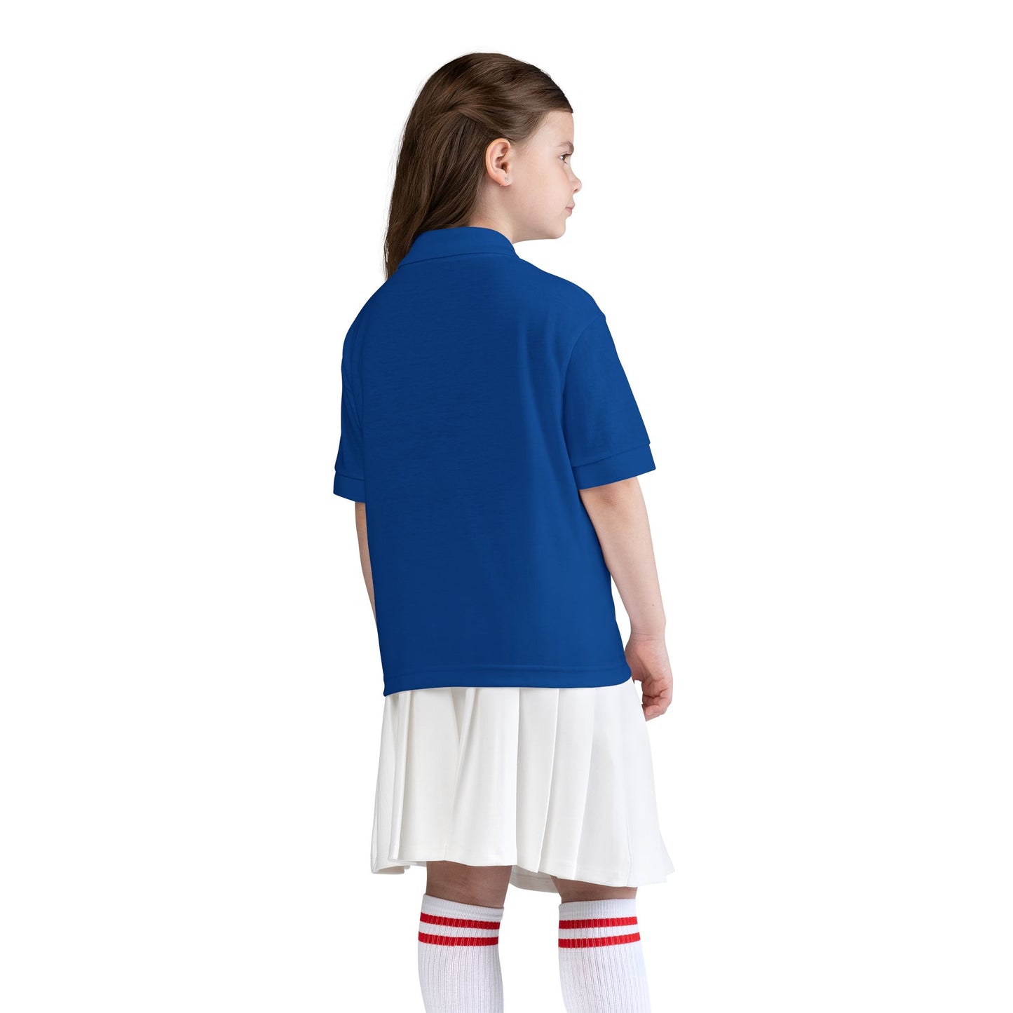 Kids White Polo Shirt with B+ Chest Logo — Youth DryBlend Jersey