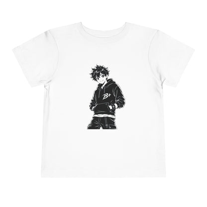 Anime Boy Graphic Toddler Tee — Black & White Cool Kid Shirt