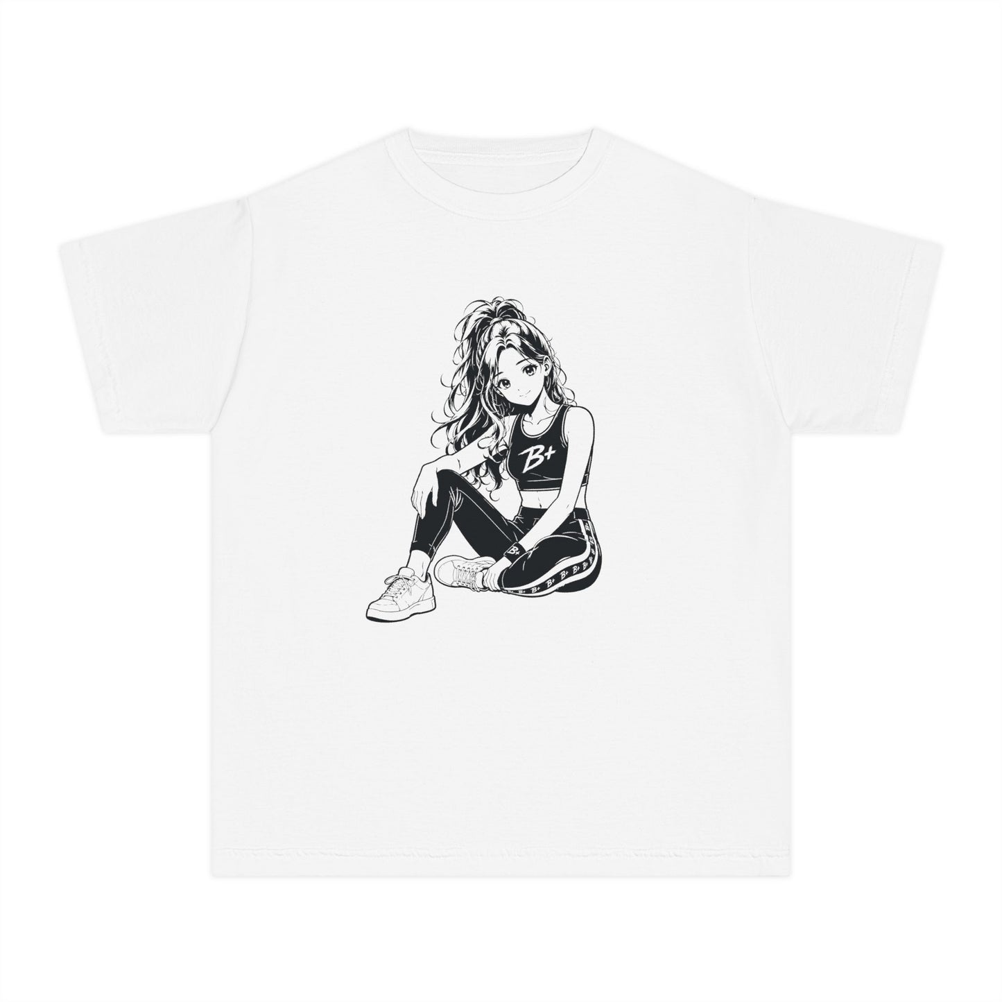Youth Tee — Black & White Sitting Girl Illustration Graphic T‑Shirt