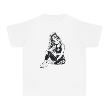 Youth Tee — Black & White Sitting Girl Illustration Graphic T‑Shirt