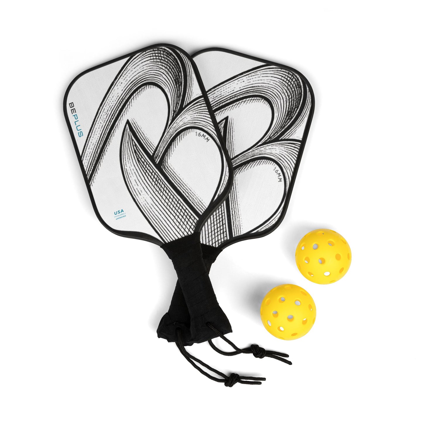 Pickleball Paddle Set — Abstract Black & White Design with 2 Practice Balls