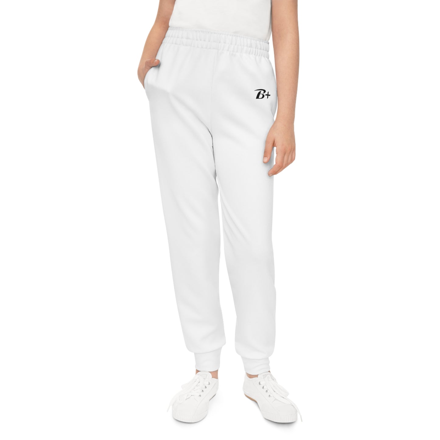 Youth White Joggers with Small "B+" Logo — Cozy Athletic Sweatpants for Kids