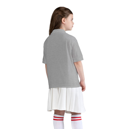 Kids White Polo Shirt with B+ Chest Logo — Youth DryBlend Jersey