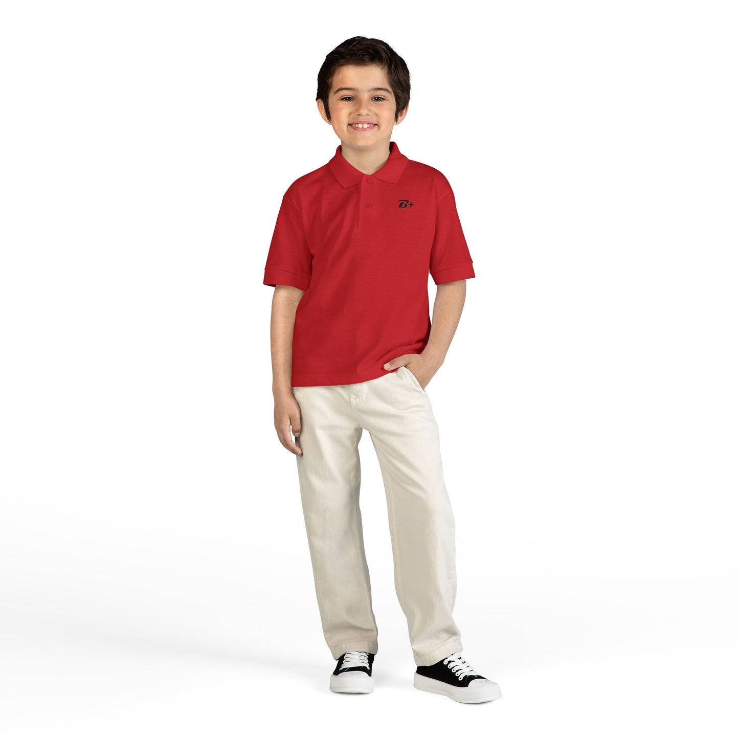 Kids White Polo Shirt with B+ Chest Logo — Youth DryBlend Jersey