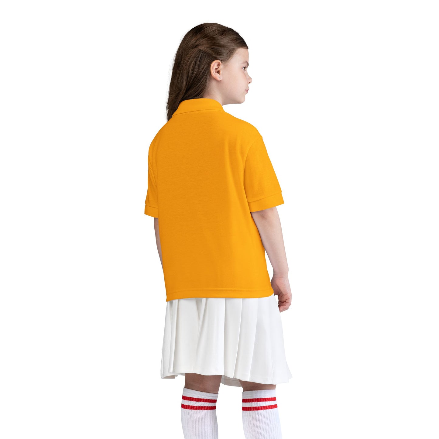 Kids White Polo Shirt with B+ Chest Logo — Youth DryBlend Jersey