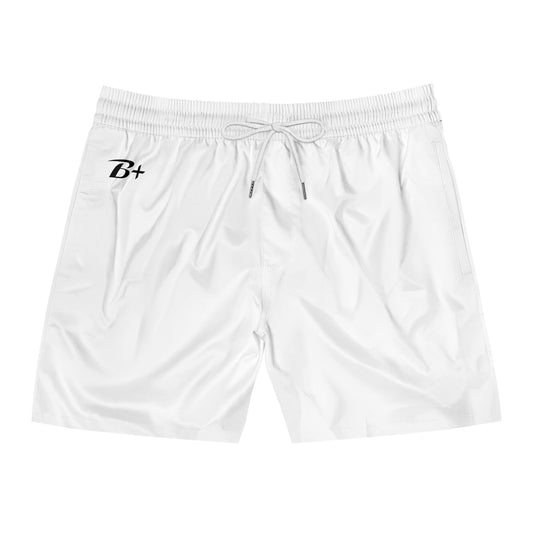 White Men's Swim Shorts with Minimal 'B+' Logo – Mid-Length Beach Trunks