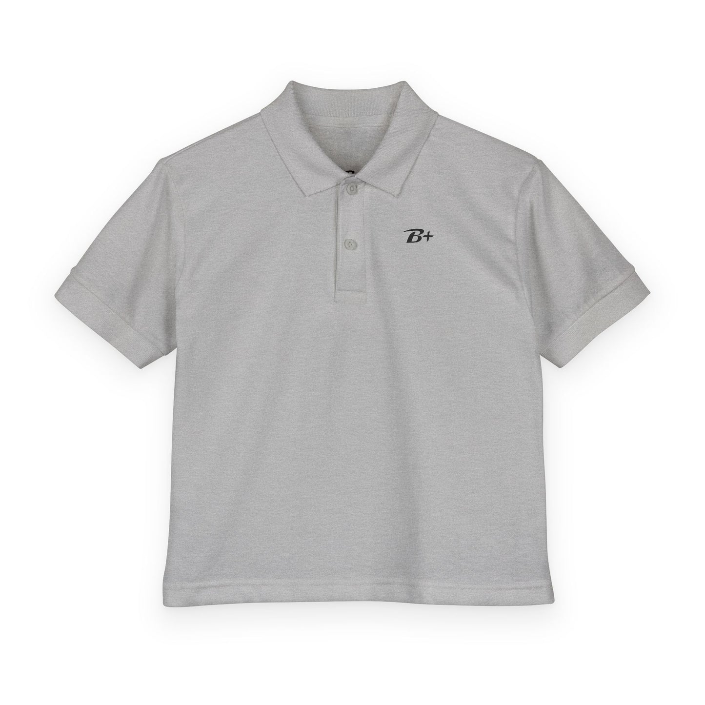 Kids White Polo Shirt with B+ Chest Logo — Youth DryBlend Jersey