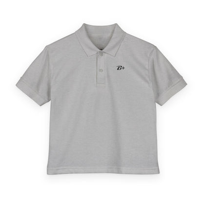 Kids White Polo Shirt with B+ Chest Logo — Youth DryBlend Jersey