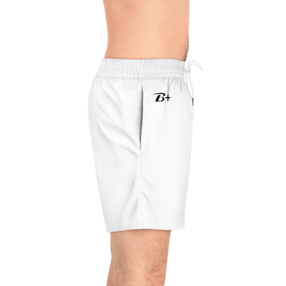 White Men's Swim Shorts with Minimal 'B+' Logo – Mid-Length Beach Trunks