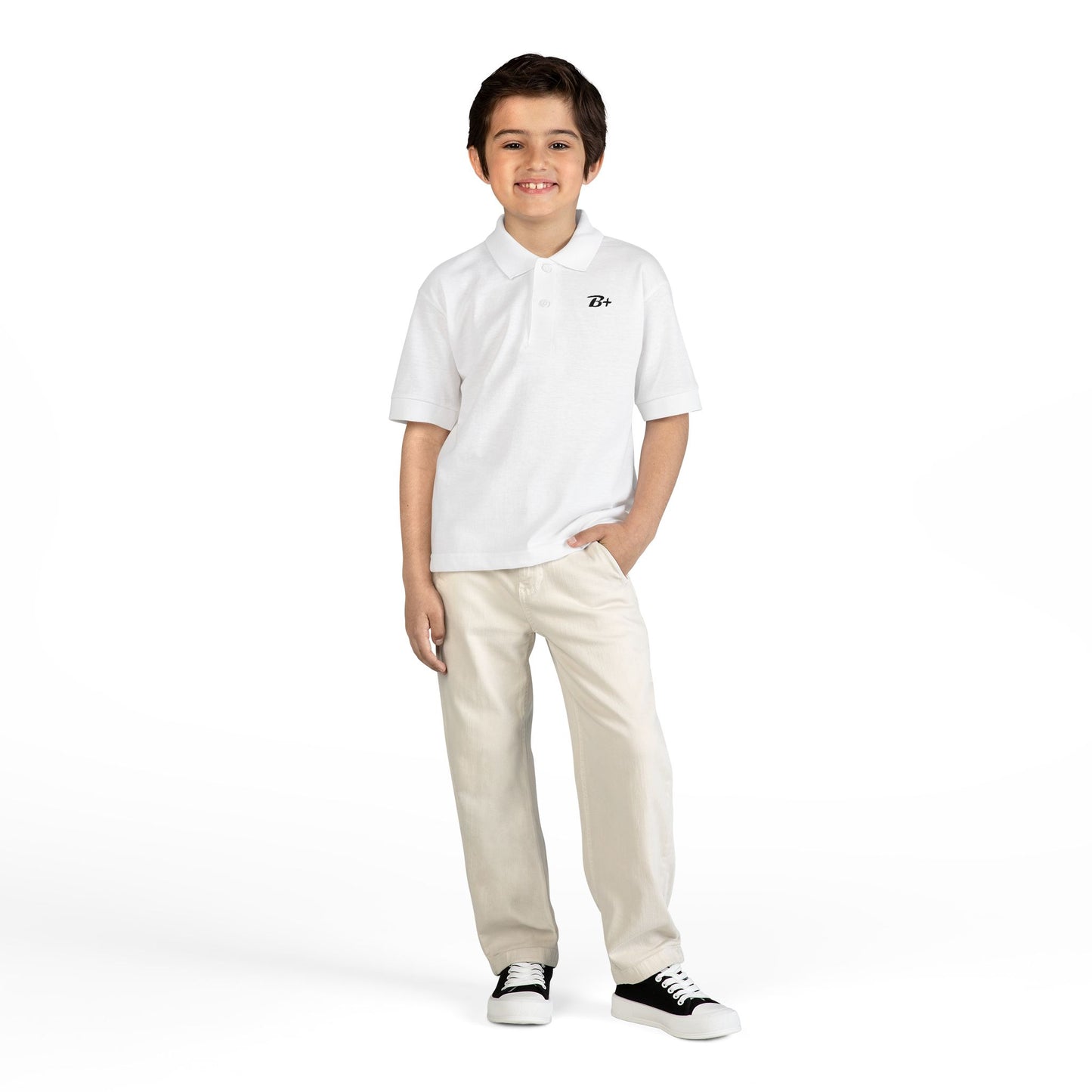 Kids White Polo Shirt with B+ Chest Logo — Youth DryBlend Jersey
