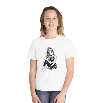 Youth Tee — Black & White Sitting Girl Illustration Graphic T‑Shirt
