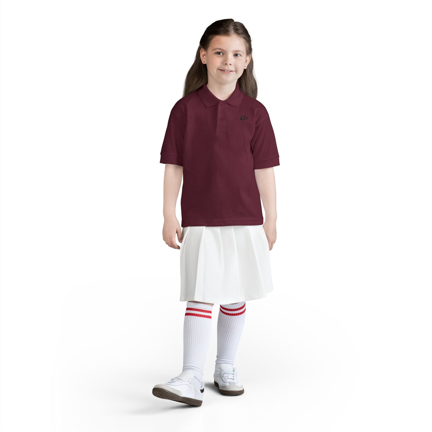 Kids White Polo Shirt with B+ Chest Logo — Youth DryBlend Jersey