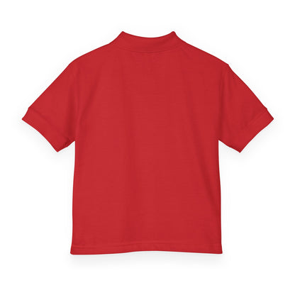 Kids White Polo Shirt with B+ Chest Logo — Youth DryBlend Jersey