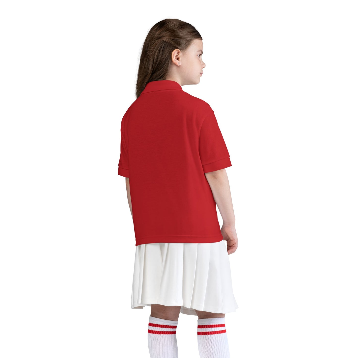 Kids White Polo Shirt with B+ Chest Logo — Youth DryBlend Jersey