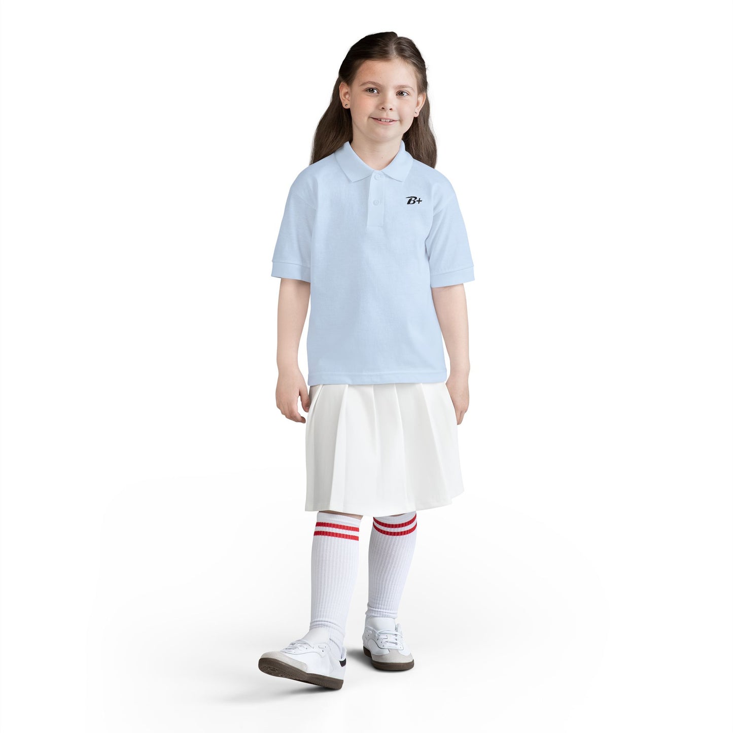 Kids White Polo Shirt with B+ Chest Logo — Youth DryBlend Jersey