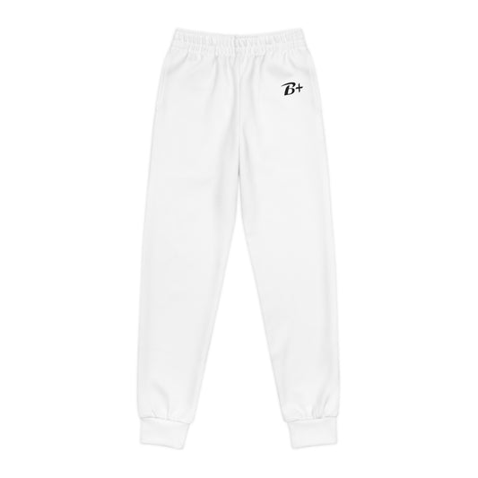 Youth White Joggers with Small "B+" Logo — Cozy Athletic Sweatpants for Kids