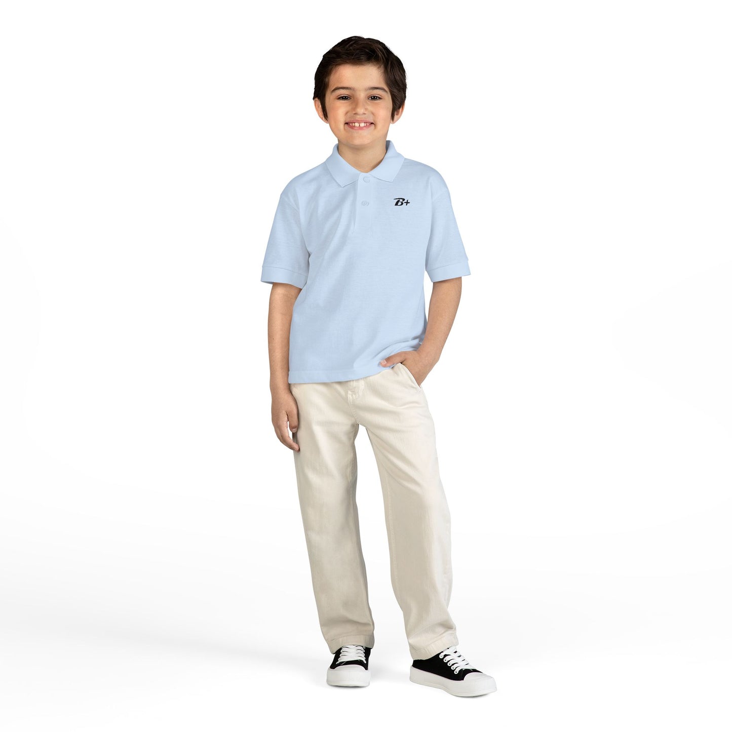 Kids White Polo Shirt with B+ Chest Logo — Youth DryBlend Jersey