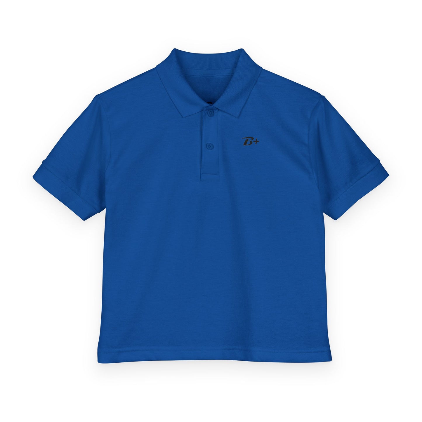 Kids White Polo Shirt with B+ Chest Logo — Youth DryBlend Jersey