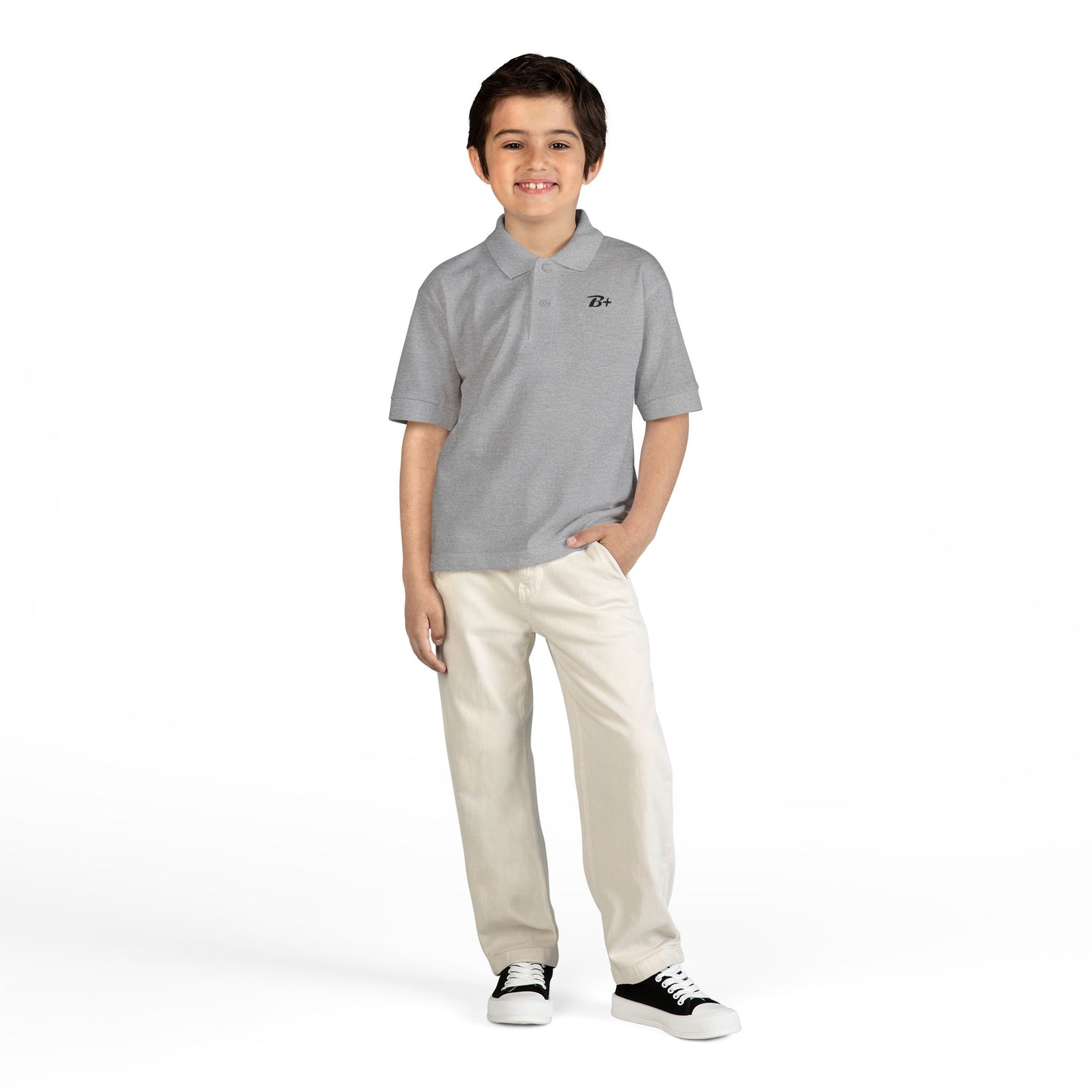 Kids White Polo Shirt with B+ Chest Logo — Youth DryBlend Jersey