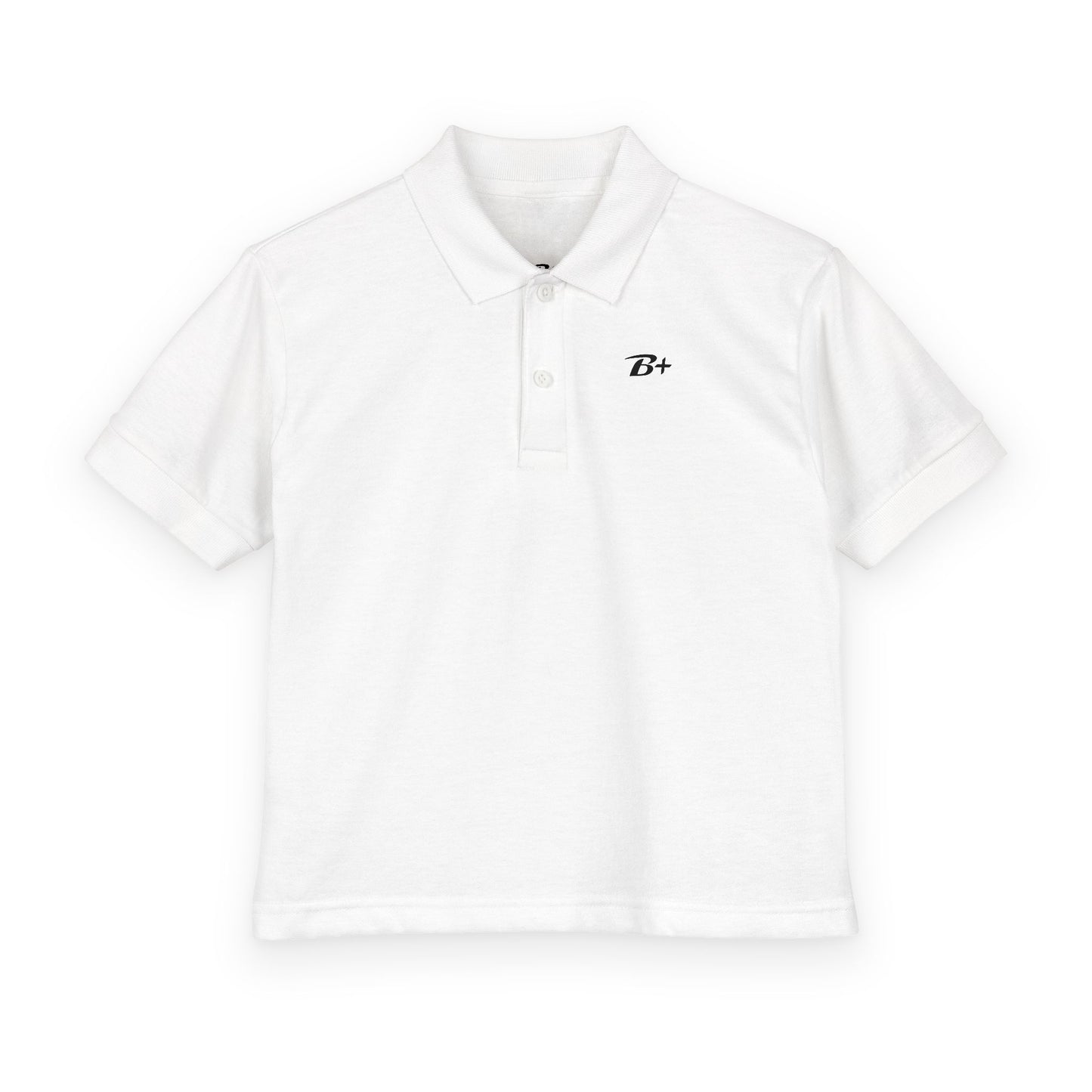 Kids White Polo Shirt with B+ Chest Logo — Youth DryBlend Jersey
