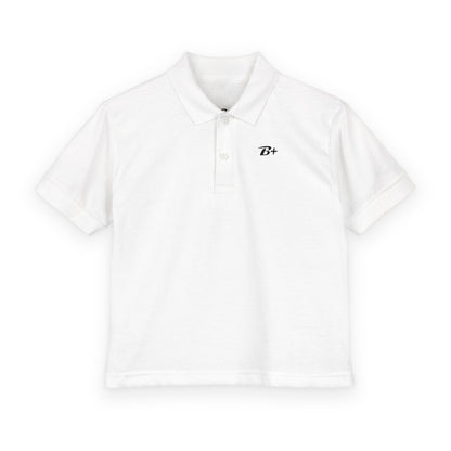 Kids White Polo Shirt with B+ Chest Logo — Youth DryBlend Jersey