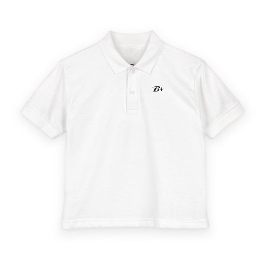 Kids White Polo Shirt with B+ Chest Logo — Youth DryBlend Jersey