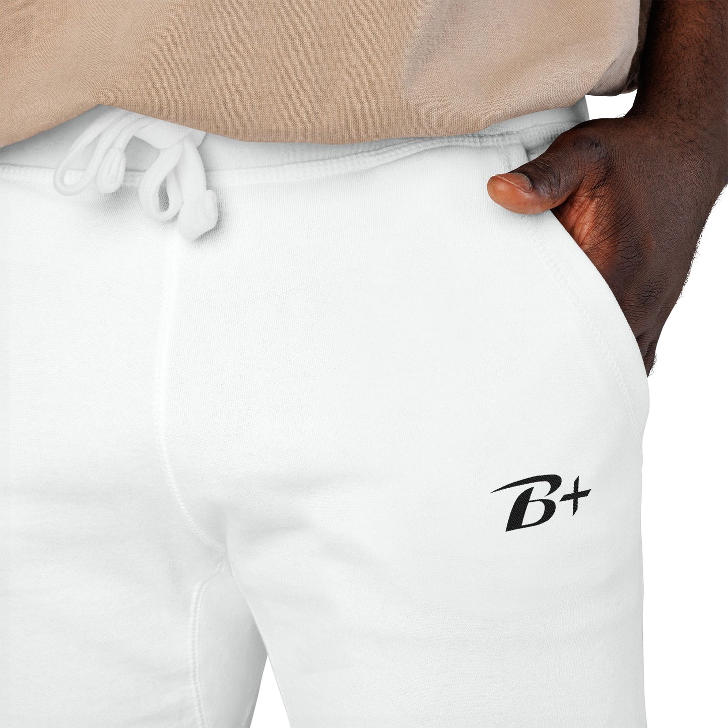 Embroidered 'B+' Fleece Sweatpants — Minimal White Joggers