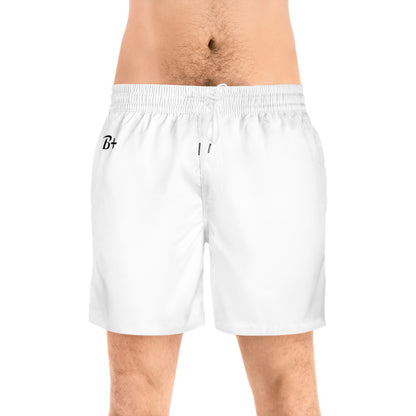 White Men's Swim Shorts with Minimal 'B+' Logo – Mid-Length Beach Trunks