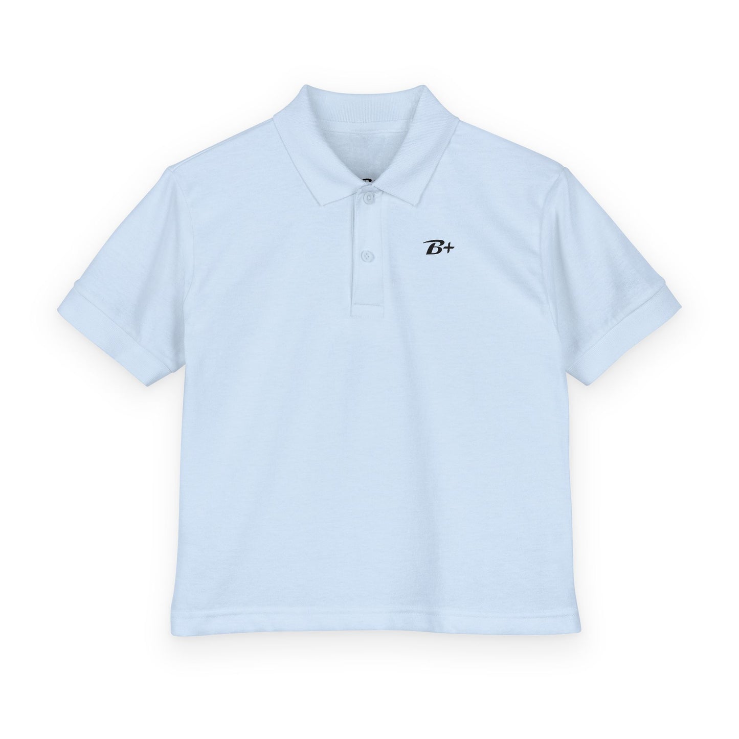 Kids White Polo Shirt with B+ Chest Logo — Youth DryBlend Jersey