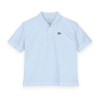 Kids White Polo Shirt with B+ Chest Logo — Youth DryBlend Jersey