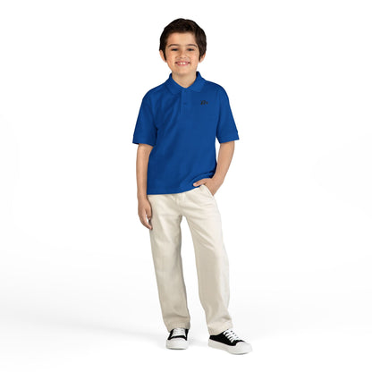 Kids White Polo Shirt with B+ Chest Logo — Youth DryBlend Jersey