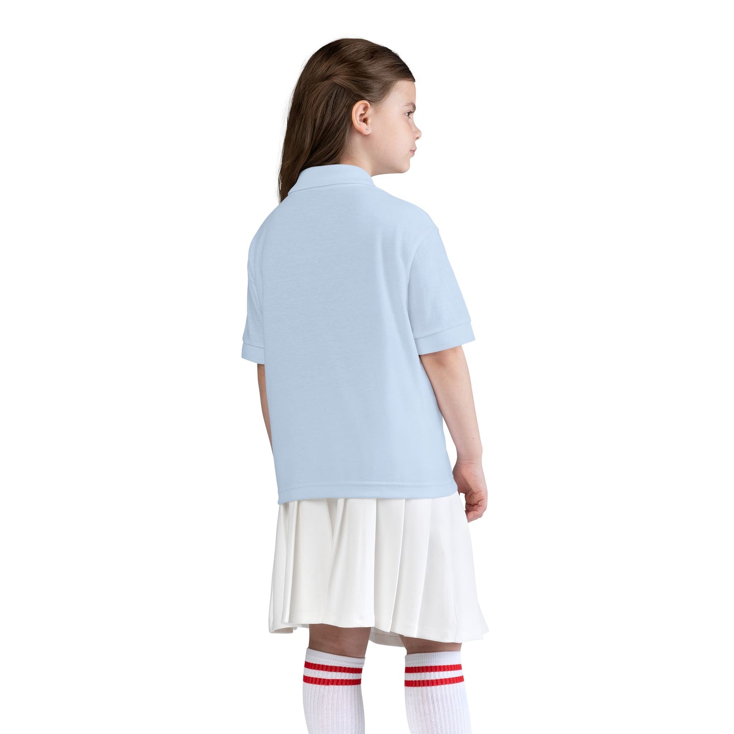 Kids White Polo Shirt with B+ Chest Logo — Youth DryBlend Jersey
