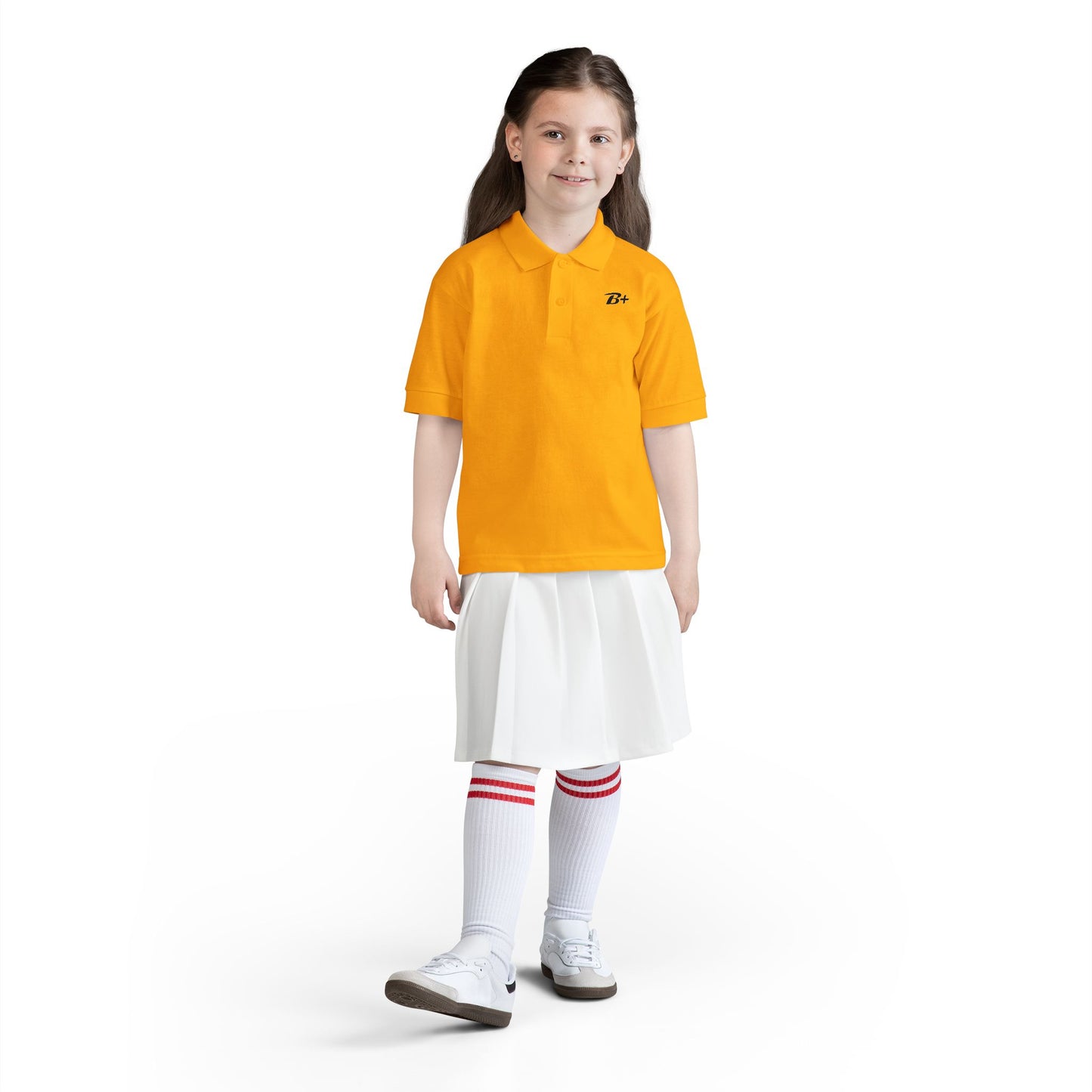 Kids White Polo Shirt with B+ Chest Logo — Youth DryBlend Jersey