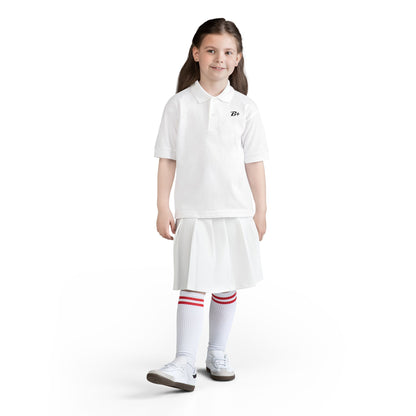 Kids White Polo Shirt with B+ Chest Logo — Youth DryBlend Jersey
