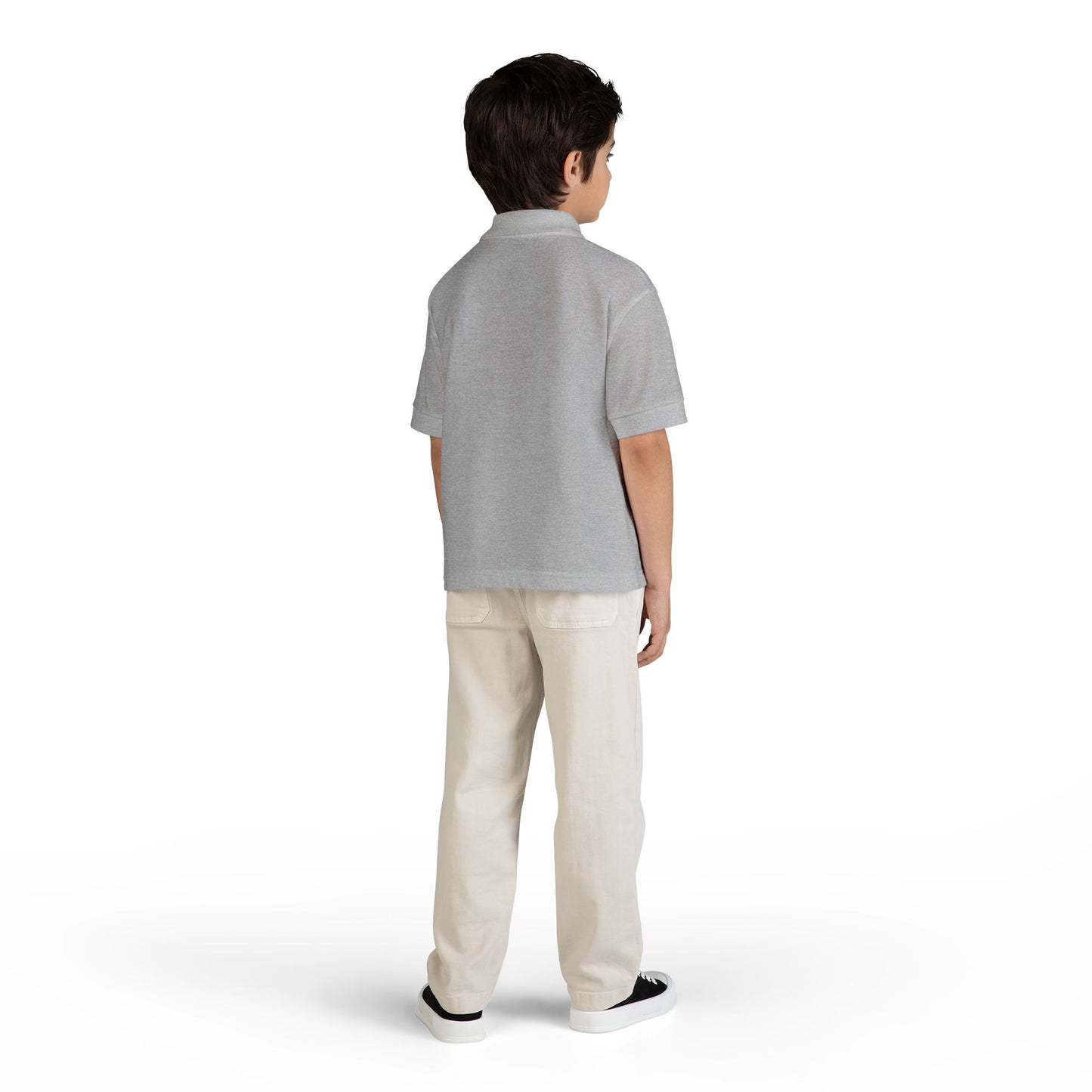 Kids White Polo Shirt with B+ Chest Logo — Youth DryBlend Jersey