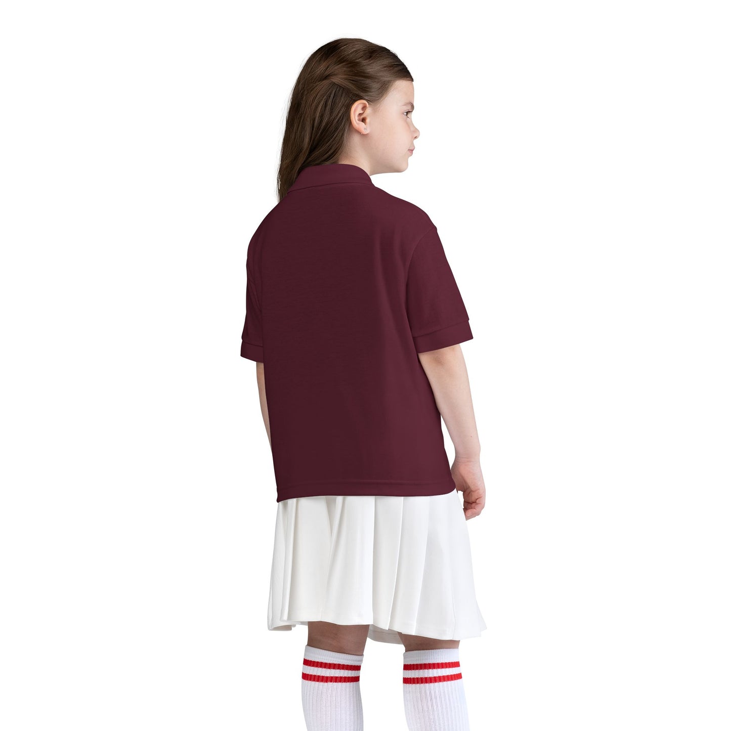 Kids White Polo Shirt with B+ Chest Logo — Youth DryBlend Jersey