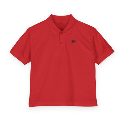Kids White Polo Shirt with B+ Chest Logo — Youth DryBlend Jersey