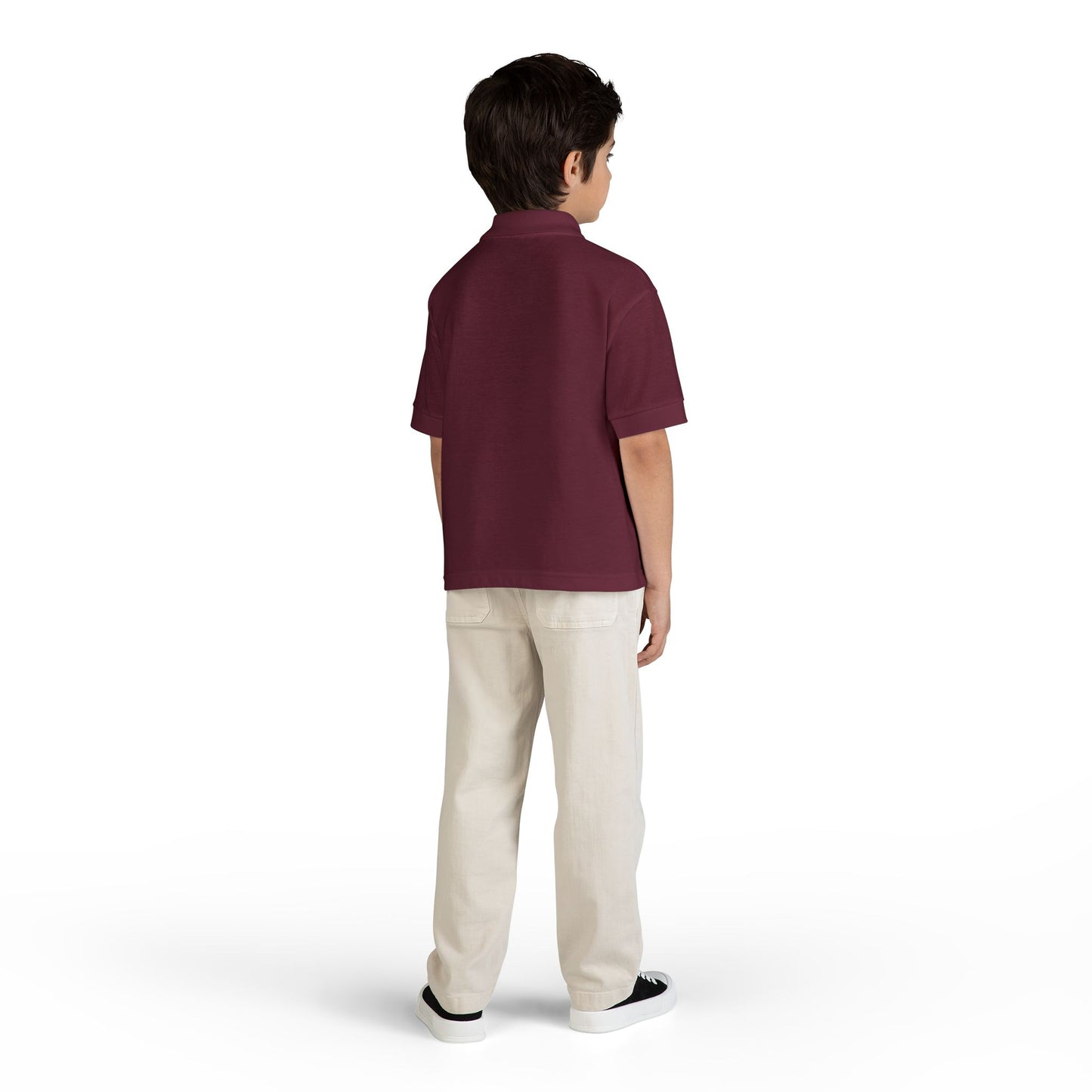 Kids White Polo Shirt with B+ Chest Logo — Youth DryBlend Jersey