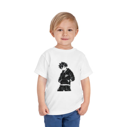 Anime Boy Graphic Toddler Tee — Black & White Cool Kid Shirt