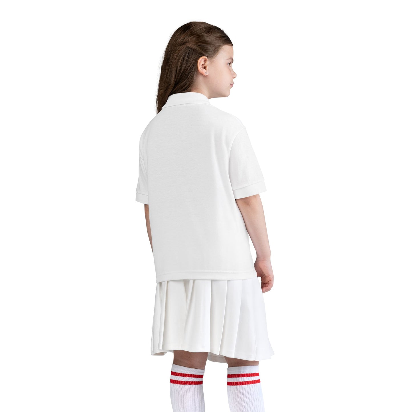 Kids White Polo Shirt with B+ Chest Logo — Youth DryBlend Jersey