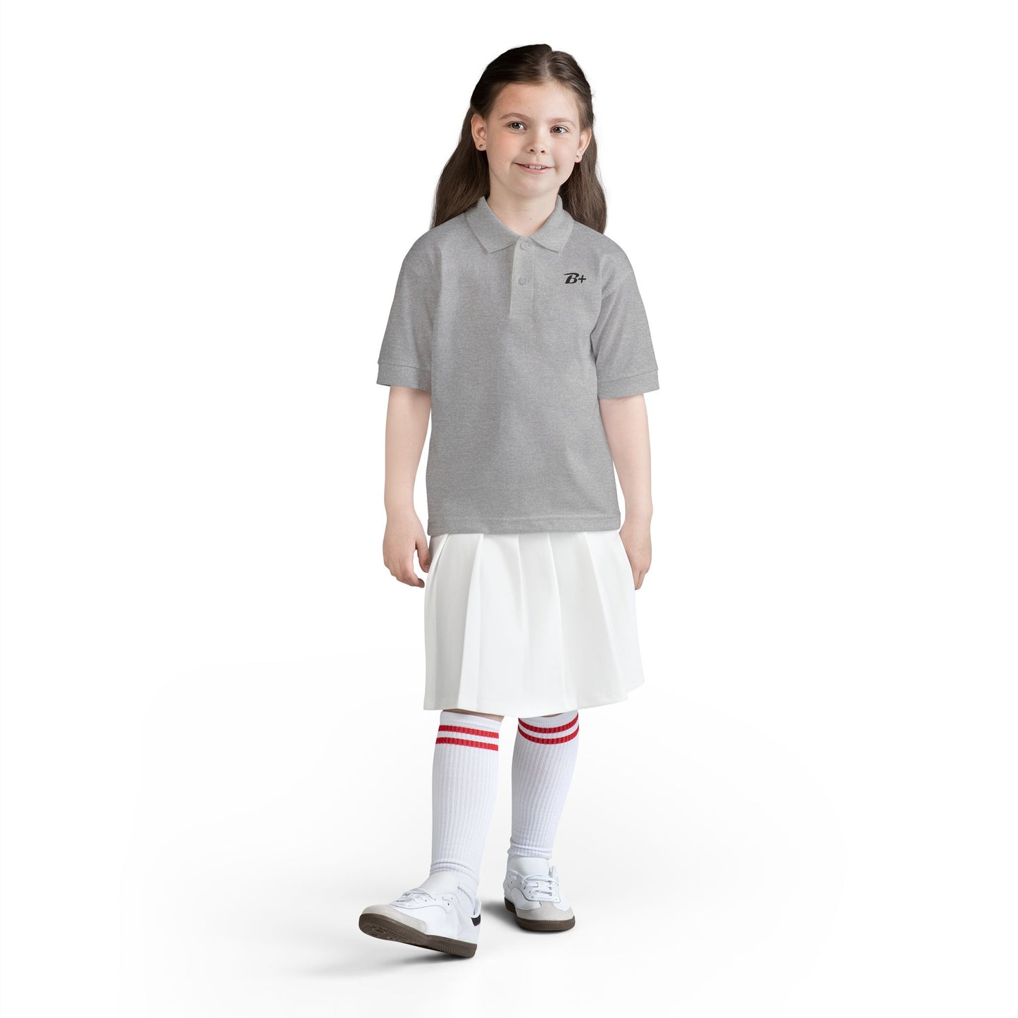 Kids White Polo Shirt with B+ Chest Logo — Youth DryBlend Jersey