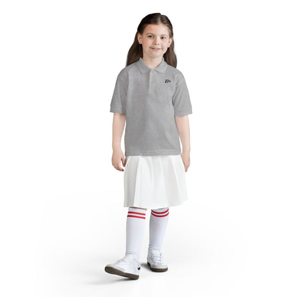 Kids White Polo Shirt with B+ Chest Logo — Youth DryBlend Jersey