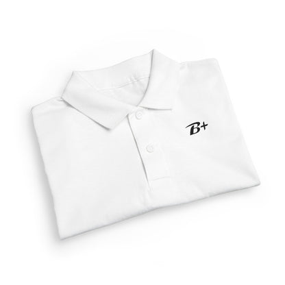 Kids White Polo Shirt with B+ Chest Logo — Youth DryBlend Jersey
