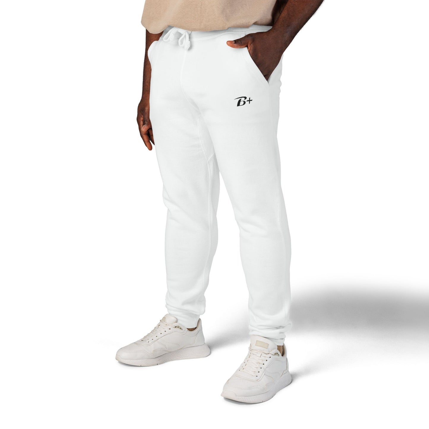 Embroidered 'B+' Fleece Sweatpants — Minimal White Joggers