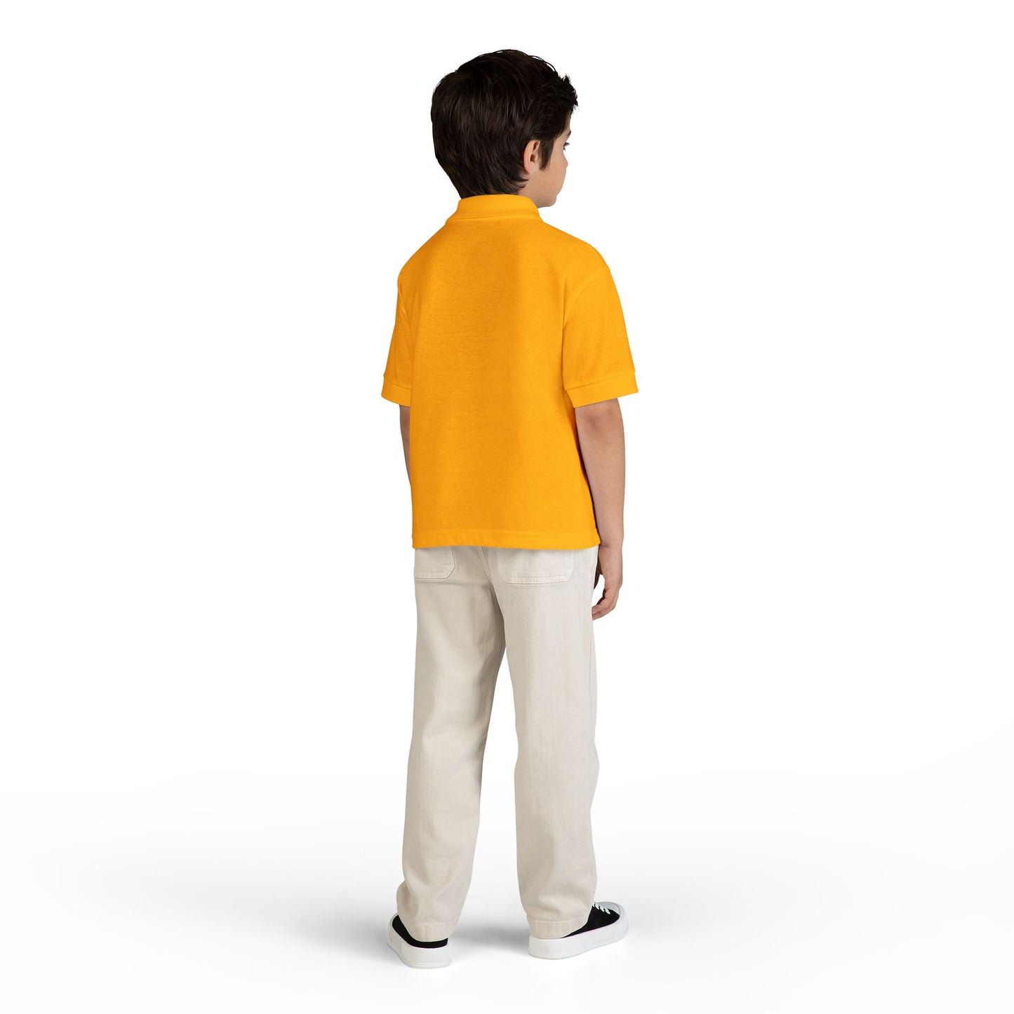 Kids White Polo Shirt with B+ Chest Logo — Youth DryBlend Jersey