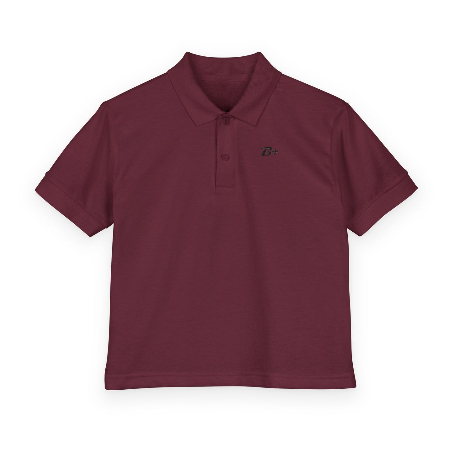 Kids White Polo Shirt with B+ Chest Logo — Youth DryBlend Jersey
