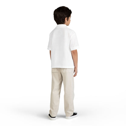 Kids White Polo Shirt with B+ Chest Logo — Youth DryBlend Jersey